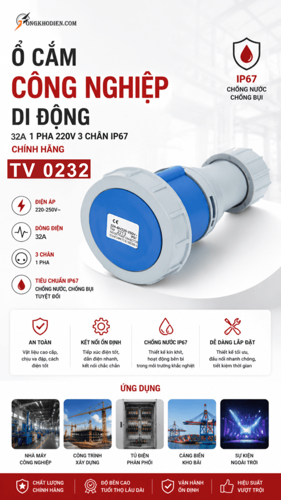 Ổ Cắm Công Nghiệp Di Động 32A 1 Pha 220V 3 Chân IP67 Chính Hãng 9 Ổ Cắm Công Nghiệp Di Động 32A 1 Pha 220V 3 Chân IP67