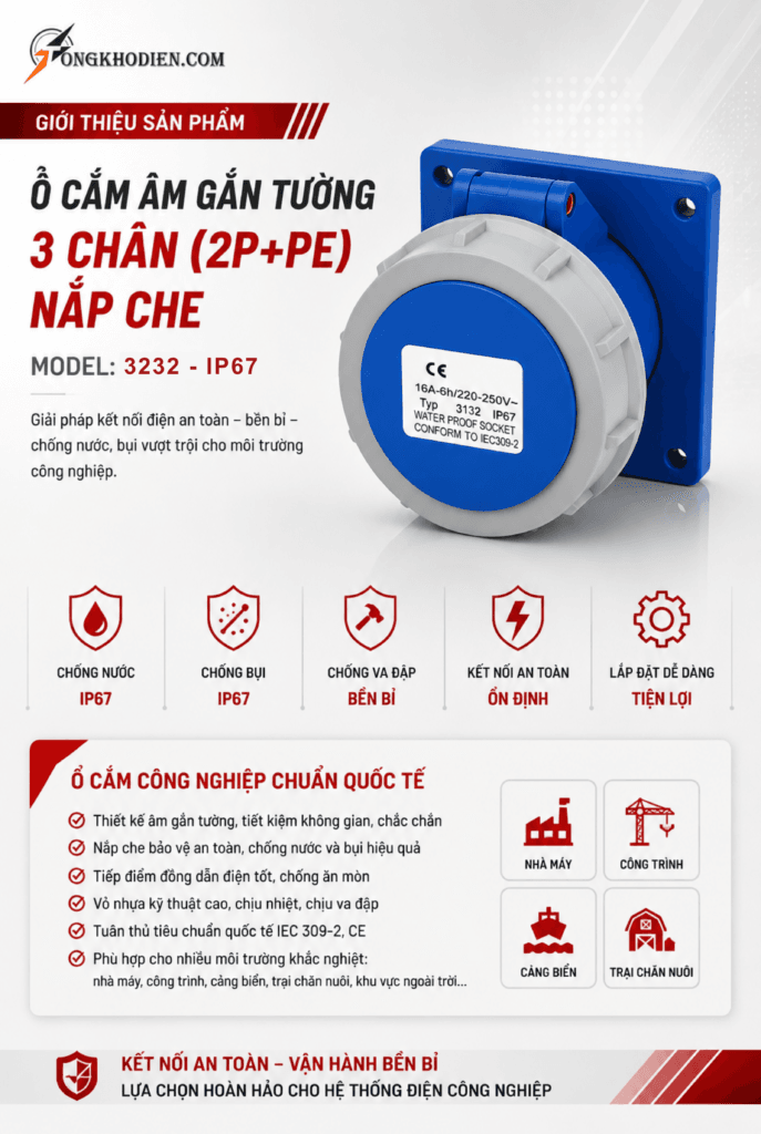 Ổ Cắm Công Nghiệp Gắn Âm 32A 1 Pha 3 Chấu IP67 Chống Nước Chính Hãng 8 Ổ Cắm Công Nghiệp Gắn Âm 32A 1 Pha 3 Chấu IP67