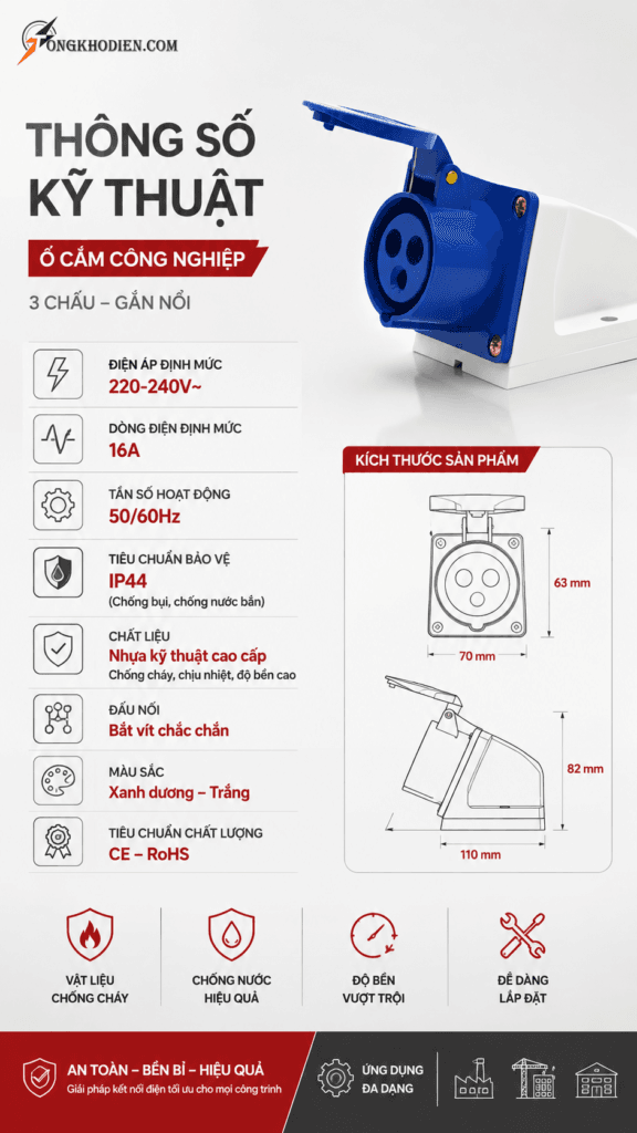 Ổ cắm gắn tủ 16A 3 chấu 220V