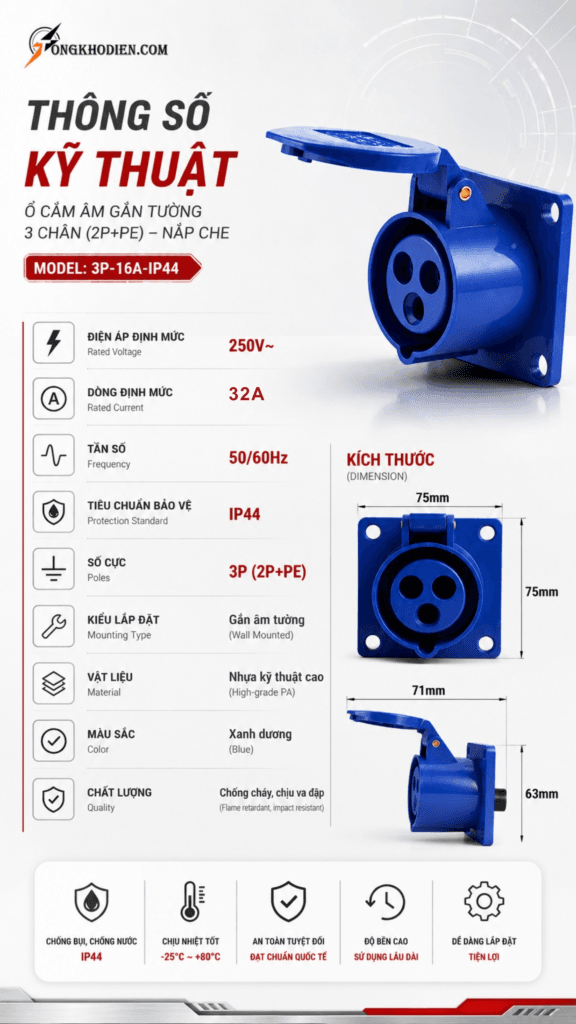 Ổ Cắm Công Nghiệp Âm Dạng Thẳng 32A 3 Chấu 220V Chính Hãng 10 Ổ Cắm Công Nghiệp Âm Dạng Thẳng 32A 3 Chấu 220V Chính Hãng