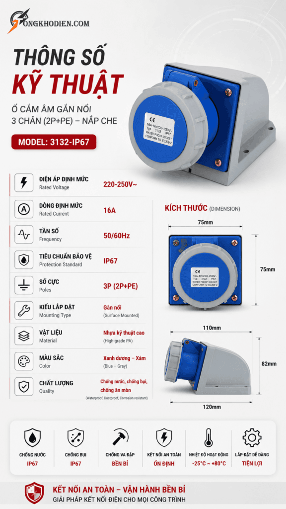 Ổ Cắm Công Nghiệp Gắn Nổi 1 Pha 16A 3 Chấu IP67 Chống Nước 11 o-cam-cong-nghiep-gan-noi-16a-ip67