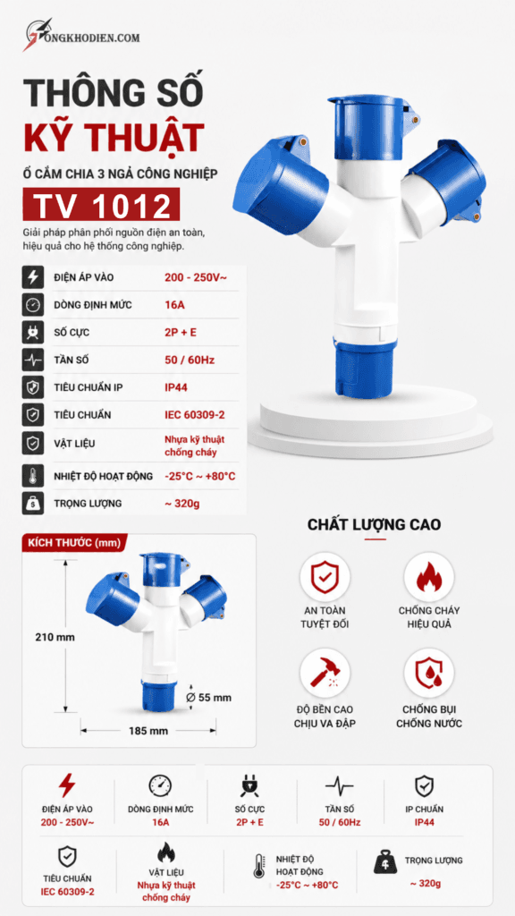 Bộ Chia 3 Công Nghiệp Loại 16A 3 Chấu 220V Chính Hãng, Chịu Tải Tốt 10 Bộ Chia 3 Công Nghiệp Loại 16A 3 Chấu 220V