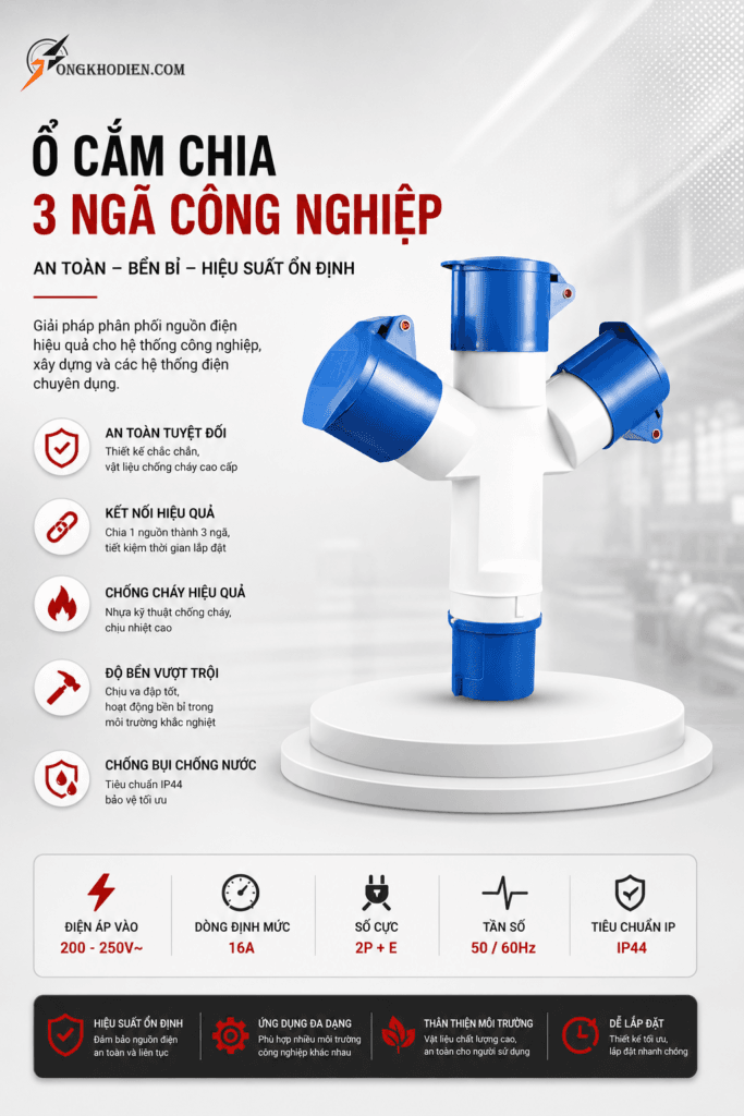 Bộ Chia 3 Công Nghiệp Loại 32A 3 Chấu 220V Chính Hãng, Chịu Tải Tốt 9 Bộ Chia 3 Công Nghiệp Loại 16A 3 Chấu 220V