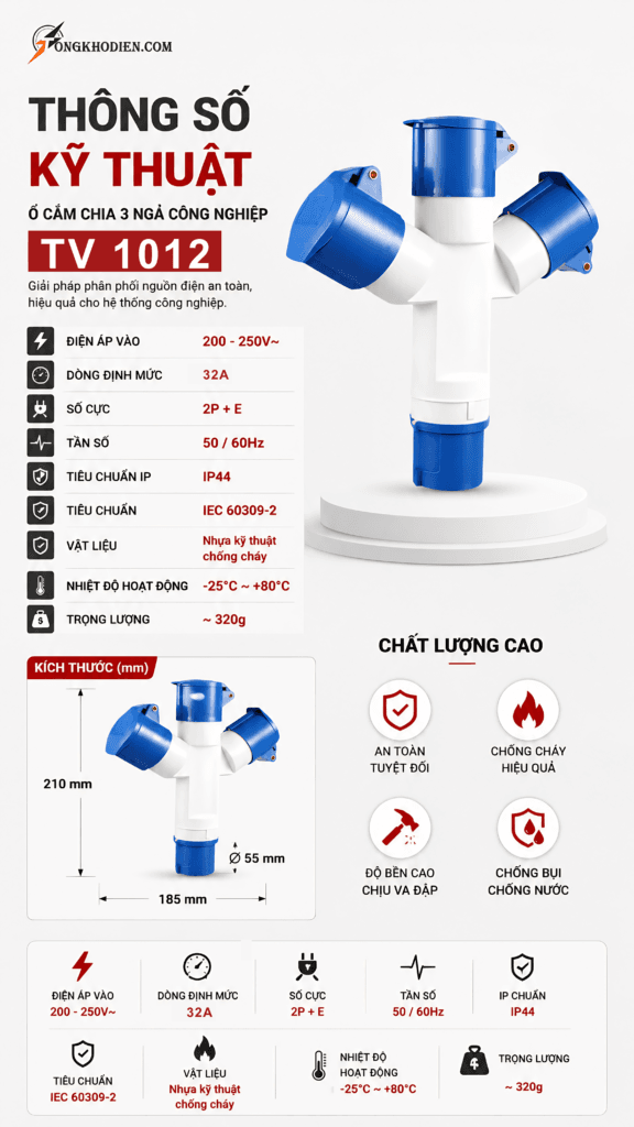 Bộ Chia 3 Công Nghiệp Loại 32A 3 Chấu 220V Chính Hãng, Chịu Tải Tốt 10 Bộ Chia 3 Công Nghiệp Loại 32A 3 Chấu 220V