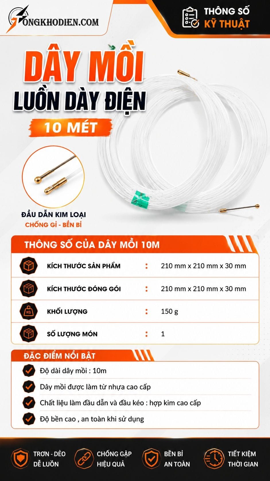 Dây Mồi Luồn Dây Điện 10 Mét Dẻo Bền Dễ Luồn 7 Thông số kỹ thuật dây mồi luồn dây điện 10 mét