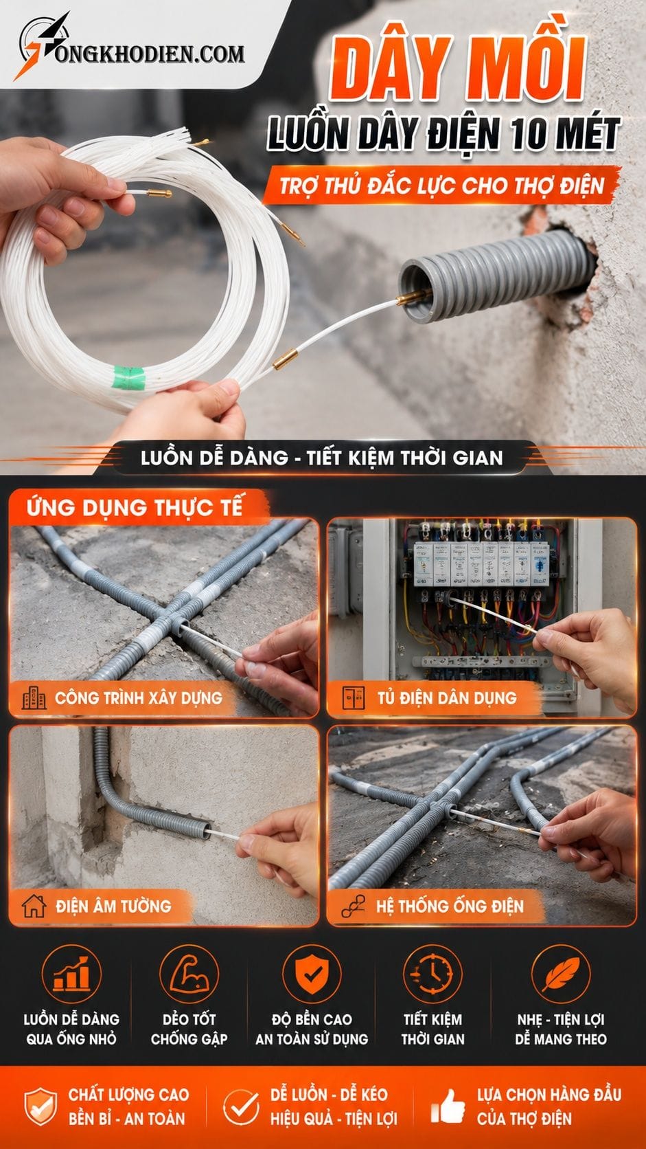Dây Mồi Luồn Dây Điện 10 Mét Dẻo Bền Dễ Luồn 8 Ứng dụng thực tế dây mồi luồn dây điện 10 mét