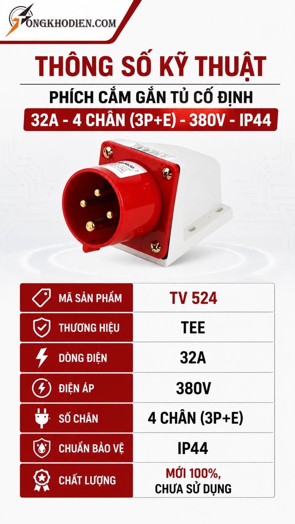Phích Cắm Gắn Tủ Cố Định 32A IP44 TEE 4 Thông số kỹ thuật phích cắm gắn tủ cố định 32A IP44