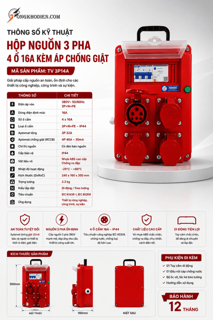 Hộp Nguồn 3 Pha 4 Ổ 16A Chống Giật Chịu Tải Cao Cho Công Trình 7 Hộp nguồn 3 pha 4 ổ 16A kèm áp chống giật
