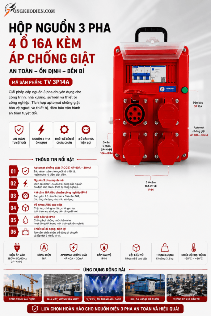 Hộp Nguồn 3 Pha 4 Ổ 16A Chống Giật Chịu Tải Cao Cho Công Trình 6 Hộp nguồn 3 pha 4 ổ 16A kèm áp chống giật