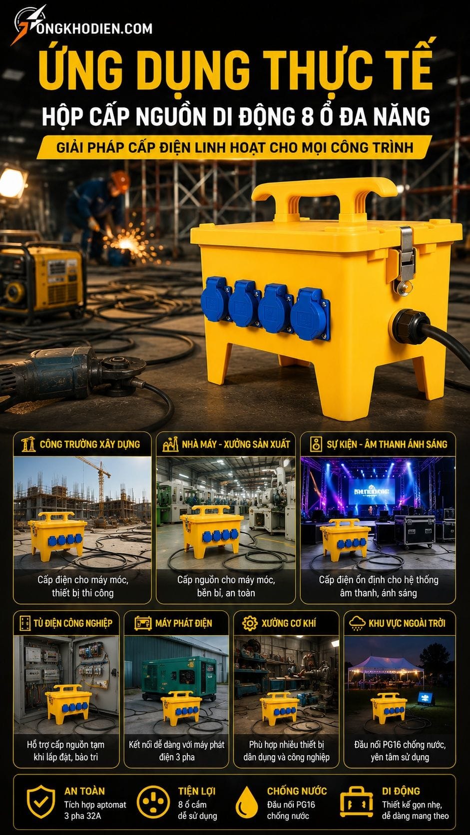 Hộp Cấp Nguồn Di Động 8 Ổ Đa Năng 3 Pha 32A 6 Ứng dụng thực tế hộp cấp nguồn di động 8 ổ đa năng