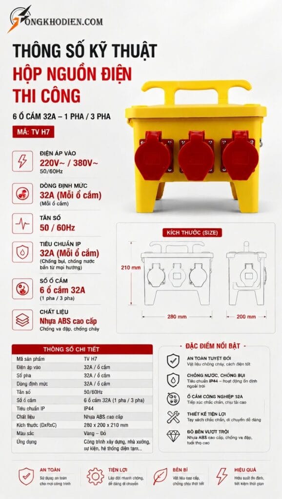 Hộp Nguồn Di Động Công Nghiệp 3 Pha 32A Chống Giật Chịu Tải Cao 9 Hộp nguồn di động công nghiệp 3 pha 32A H7