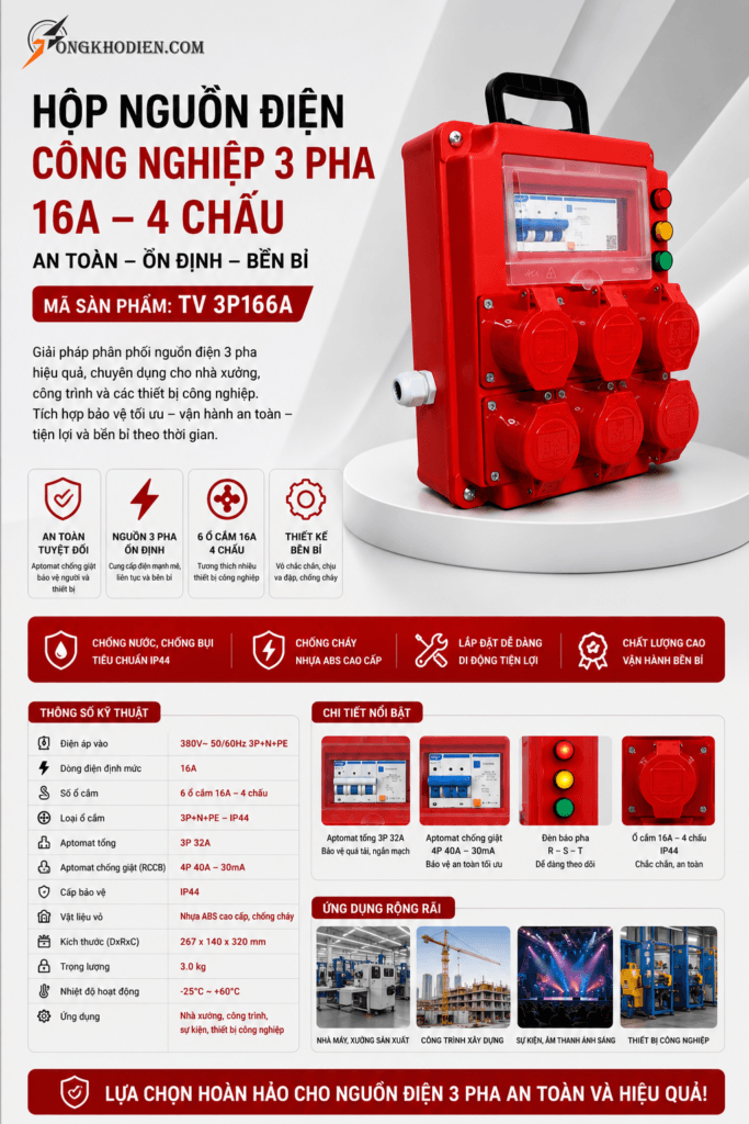 Hộp Nguồn Điện Công Nghiệp 3 Pha 16A 4 Chấu Chịu Tải Cao An Toàn 8 Hộp nguồn điện công nghiệp 3 pha 16A 4 Chấu