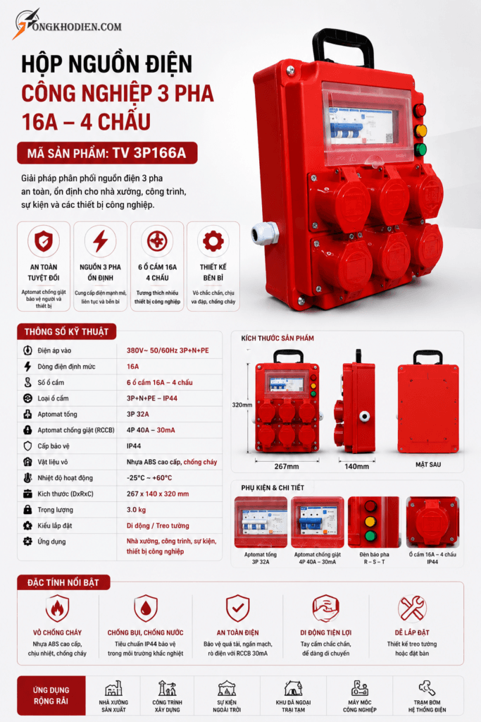 Hộp Nguồn Điện Công Nghiệp 3 Pha 16A 4 Chấu Chịu Tải Cao An Toàn 9 Hộp nguồn điện công nghiệp 3 pha 16A 4 Chấu