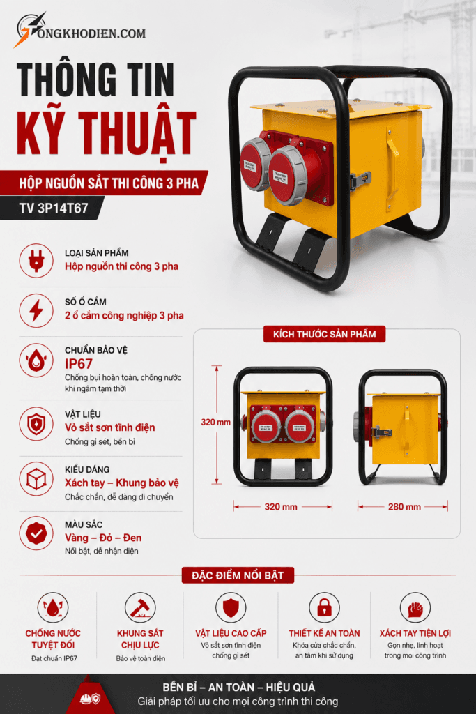 Hộp Nguồn Sắt Thi Công 3 Pha IP67 Xách Tay Chống Nước Chịu Tải Cao