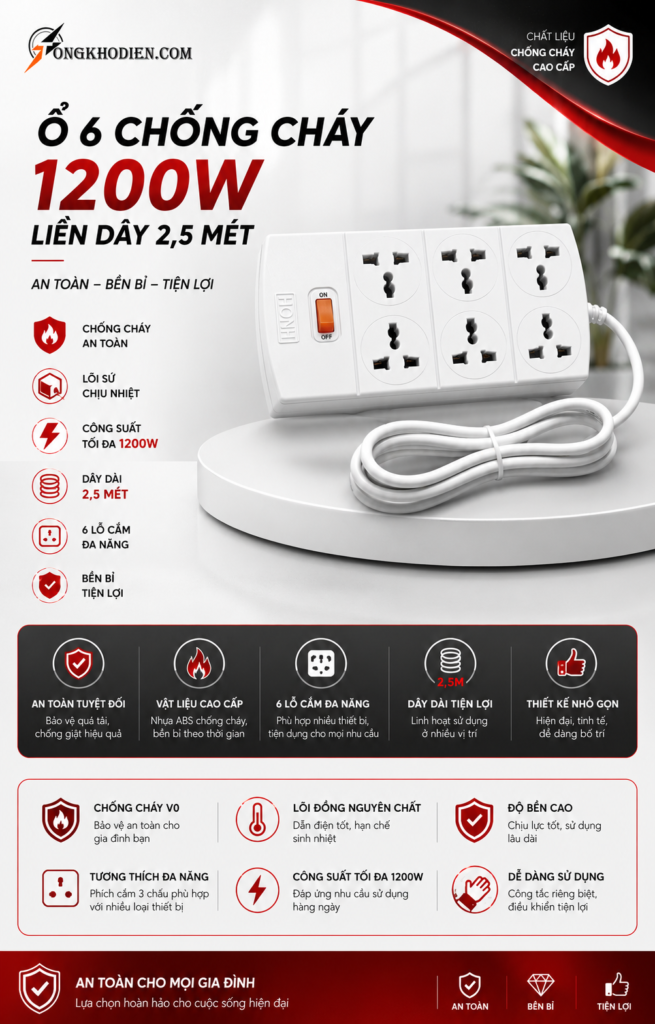Ổ 6 Chống Cháy 1200W liền dây 2,5 mét