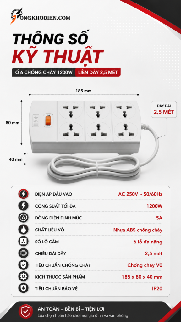 Ổ 6 Chống Cháy 1200W liền dây 2,5 mét