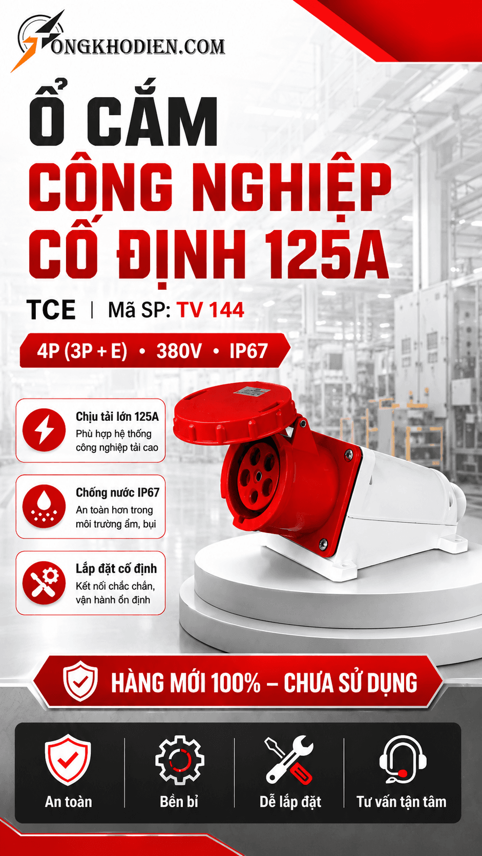 Ổ cắm công nghiệp cố định 125A CCE TV 144 6 Ổ cắm công nghiệp cố định 125A CCE TV 144 4P 380V IP67