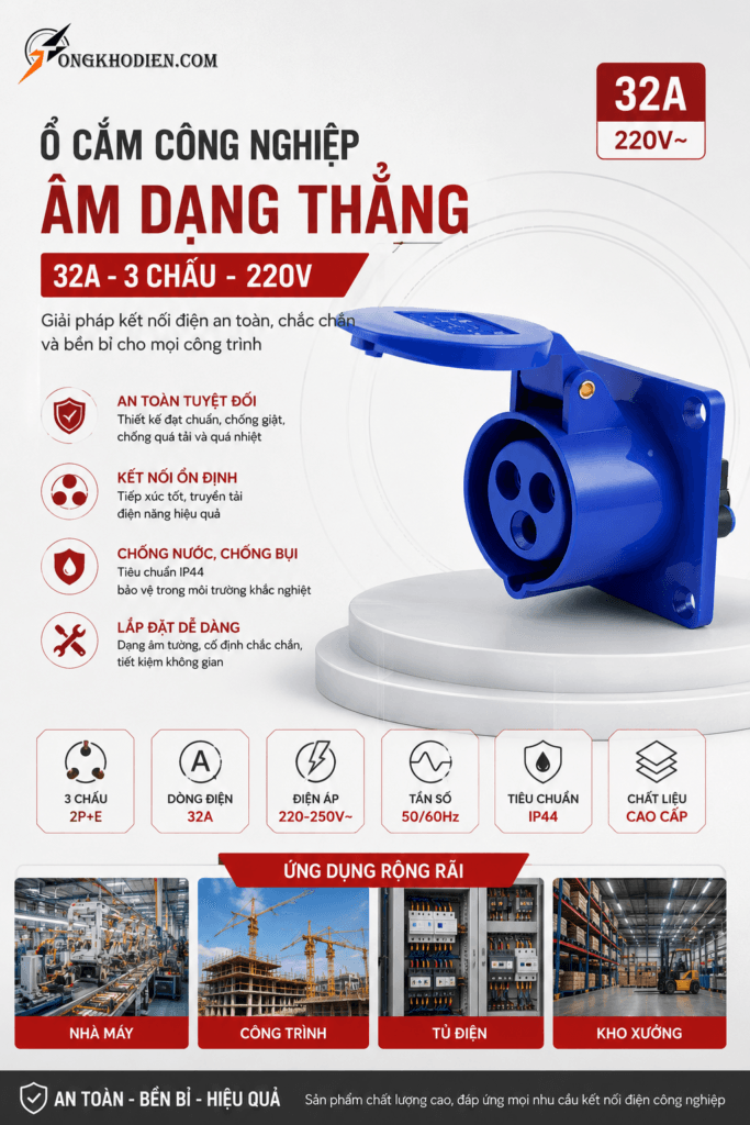 Ổ Cắm Công Nghiệp Âm Dạng Thẳng 32A 3 Chấu 220V Chính Hãng 9 Ổ Cắm Công Nghiệp Âm Dạng Thẳng 32A 3 Chấu 220V Chính Hãng
