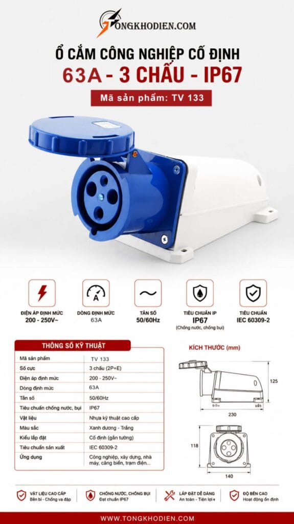 Ổ Cắm Công Nghiệp Cố Định 63A 3 Chấu IP67 