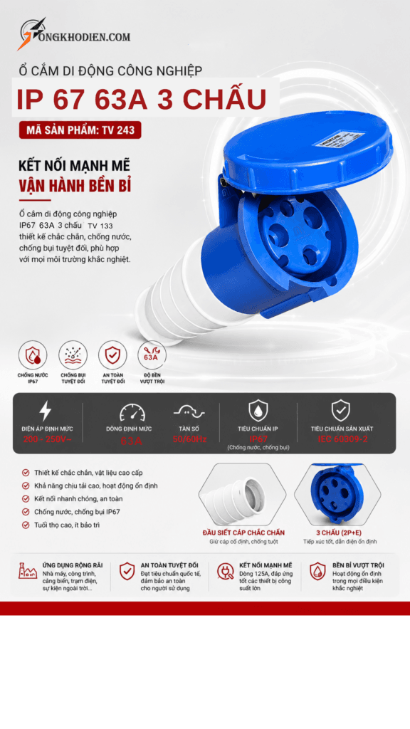 Ổ Cắm Công Nghiệp Cố Định 63A 3 Chấu IP67 Chống Nước