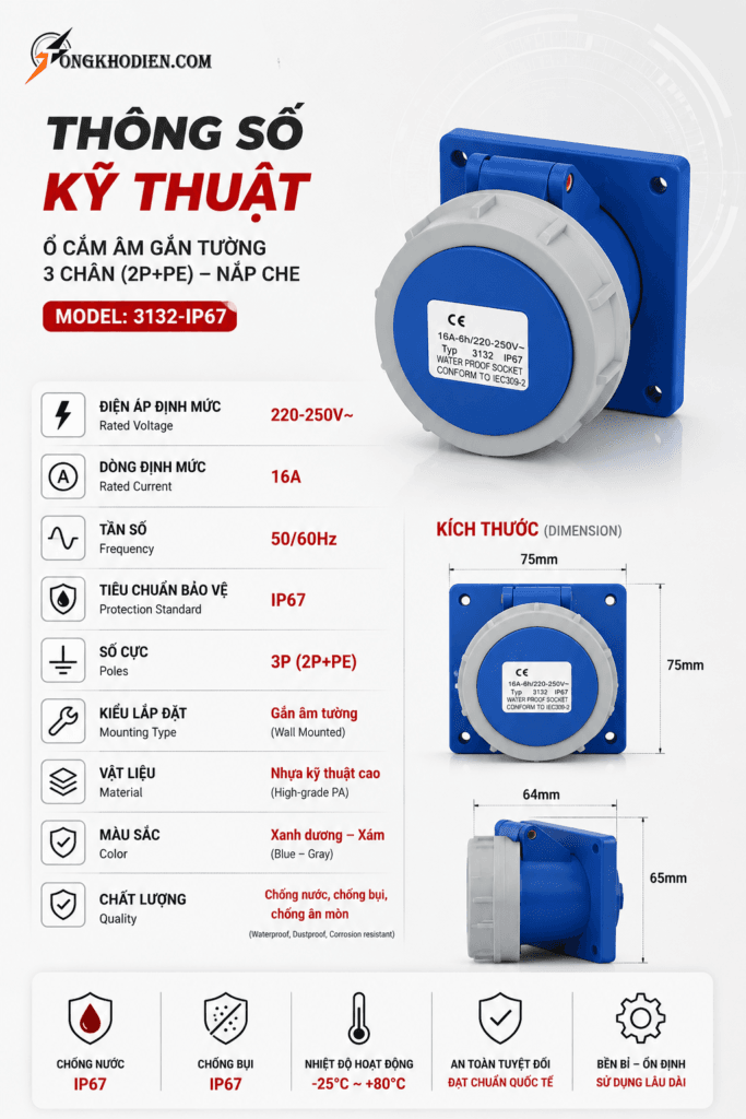 Ổ Cắm Công Nghiệp Gắn Âm 16A 1 Pha 3 Chấu IP67 Chống Nước Chính Hãng 10 ổ cắm công nghiệp gắn âm 16A 1 pha 3 chấu IP67