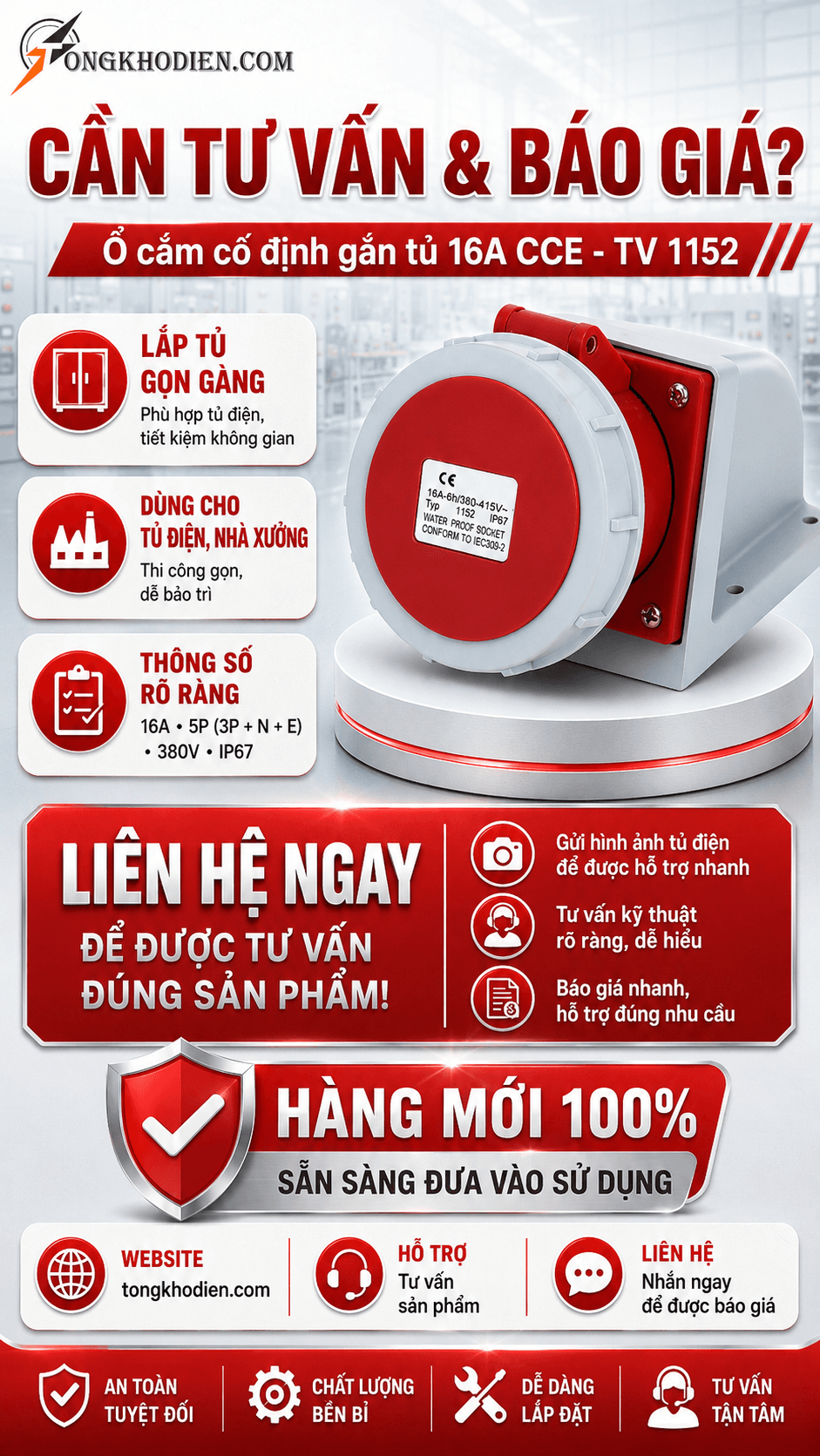 Ổ cắm cố định gắn tủ 16A CCE TV 1152 9 Ứng dụng thực tế ổ cắm cố định gắn tủ 3 pha 380V 16A 5 chân IP67 CCE TV 1152