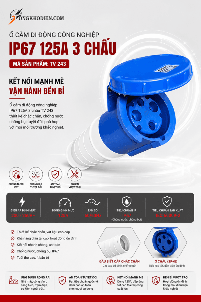 Ổ cắm di động công nghiệp IP67 125A 3 chấu