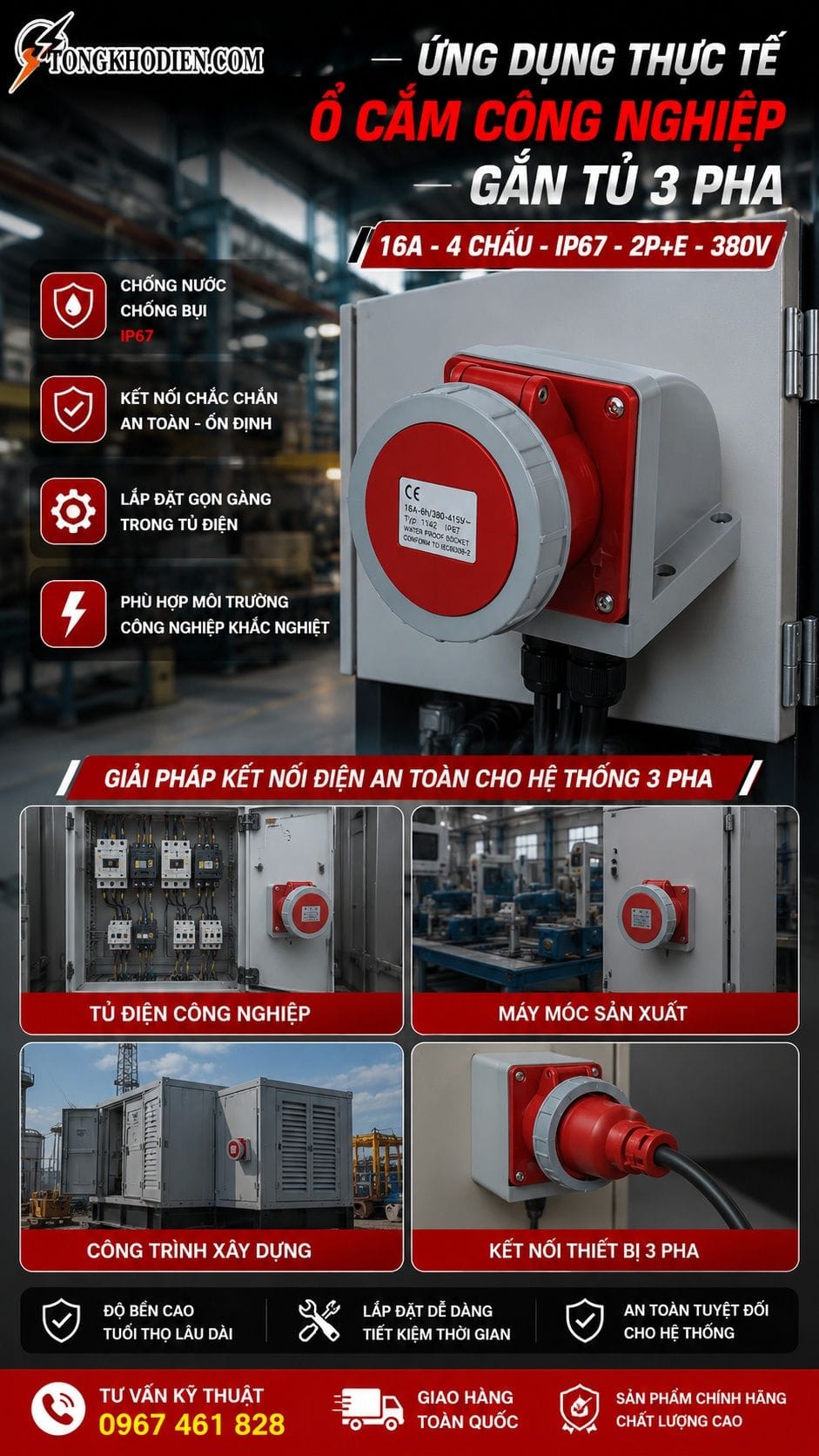 Ổ cắm công nghiệp gắn tủ 3 pha 16A 4 chấu IP67 TEE 9 Ứng dụng thực tế ổ cắm công nghiệp gắn tủ 3 pha 16A 4 chấu IP67