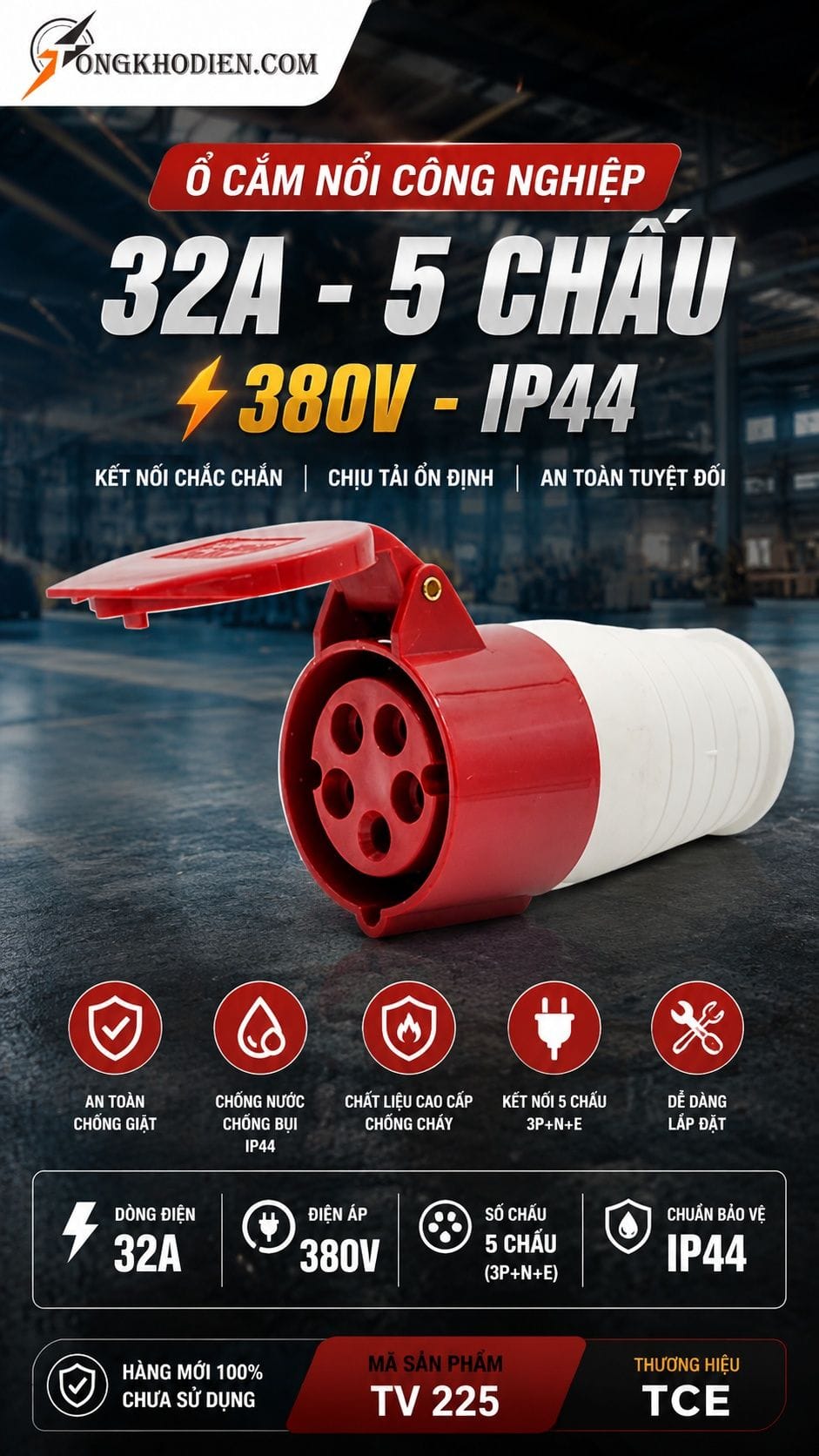 Ổ Cắm Công Nghiệp 32A 5 Chấu 380V IP44 TCE 5 Ổ cắm công nghiệp 32A 5 chấu 380V IP44 TCE
