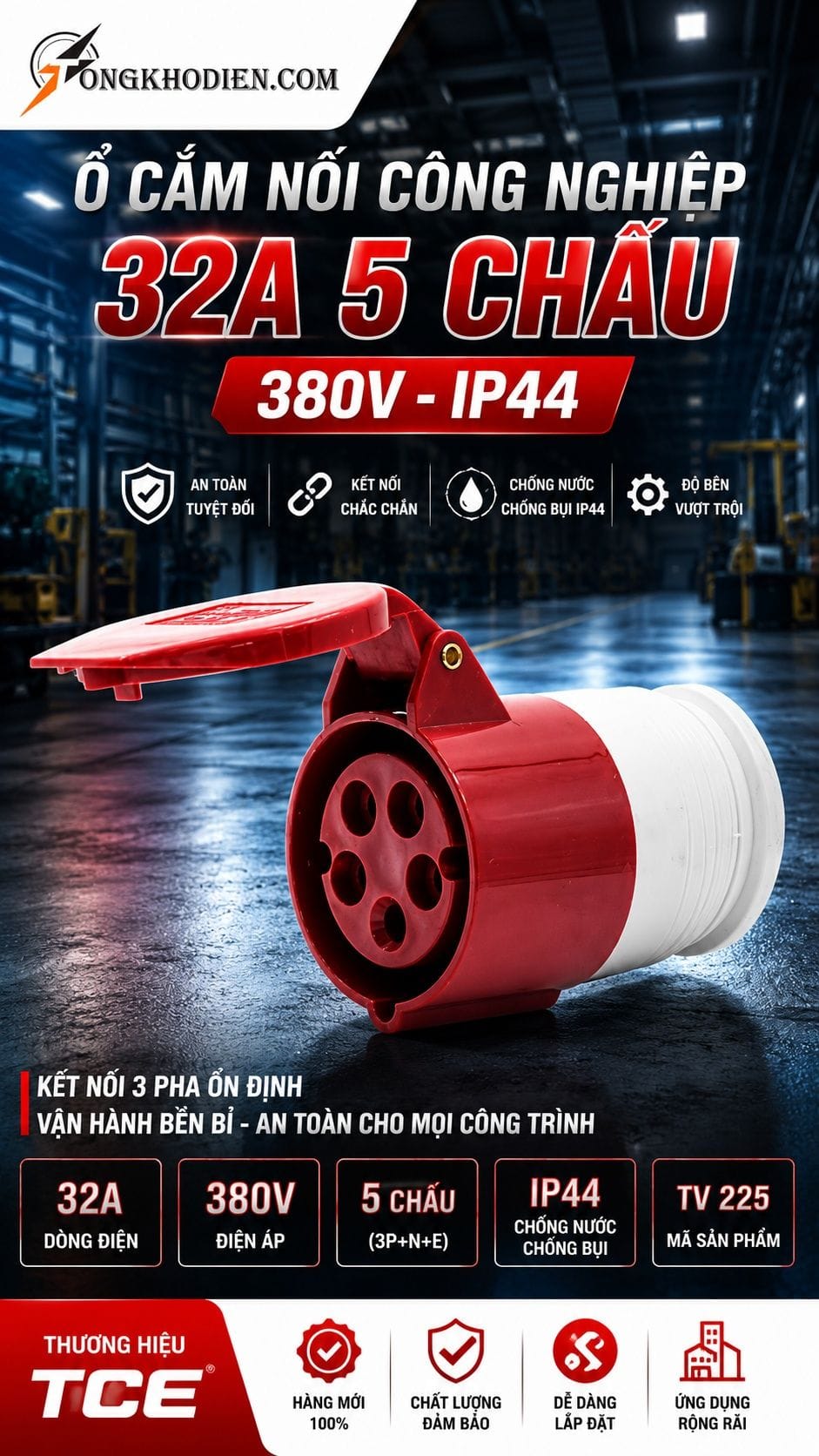 Ổ Cắm Nối Công Nghiệp 32A 5 Chấu 380V IP44 TCE 7 Ổ cắm nối công nghiệp 32A 5 chấu 380V IP44 TCE