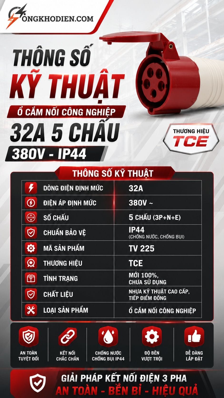 Ổ Cắm Nối Công Nghiệp 32A 5 Chấu 380V IP44 TCE 8 Thông số kỹ thuật ổ cắm nối công nghiệp 32A 5 chấu 380V