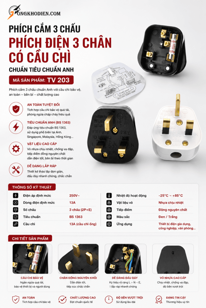 Phích Cắm 3 Chấu Có Cầu Chì
