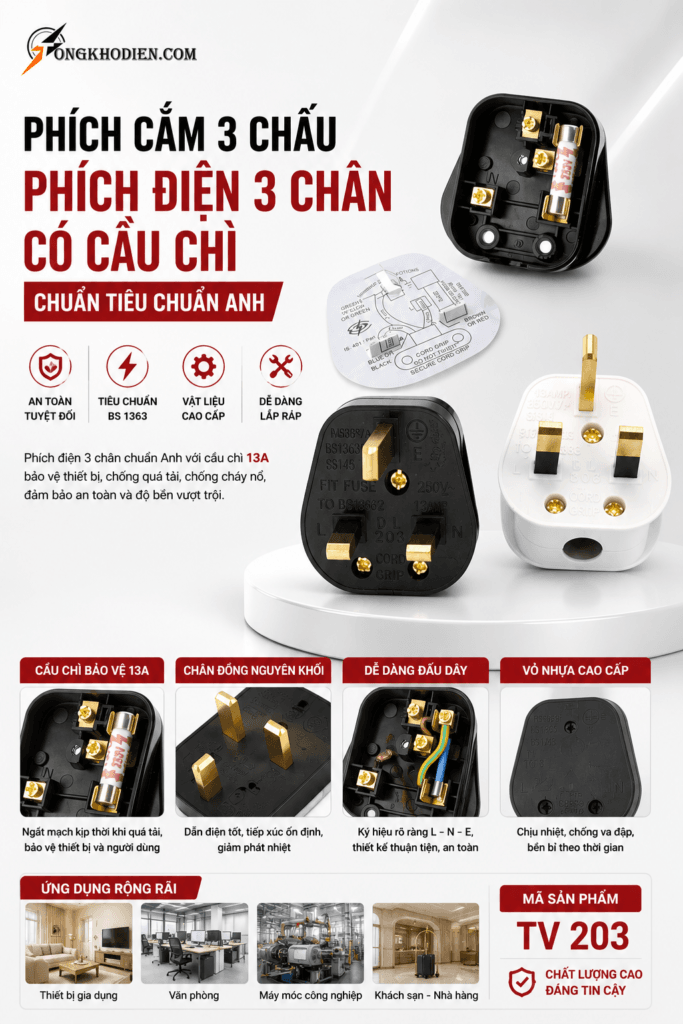 Phích Cắm 3 Chấu Có Cầu Chì