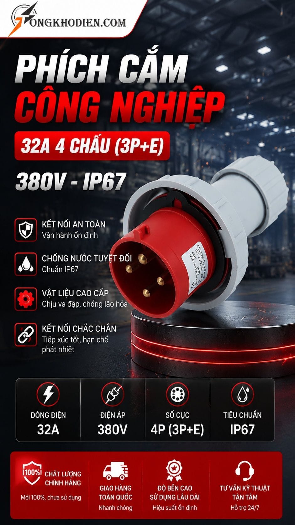 Phích Cắm Công Nghiệp 32A 4 Chấu 380V IP67 7 Phích cắm công nghiệp 32A 4 chấu 380V IP67 TCE
