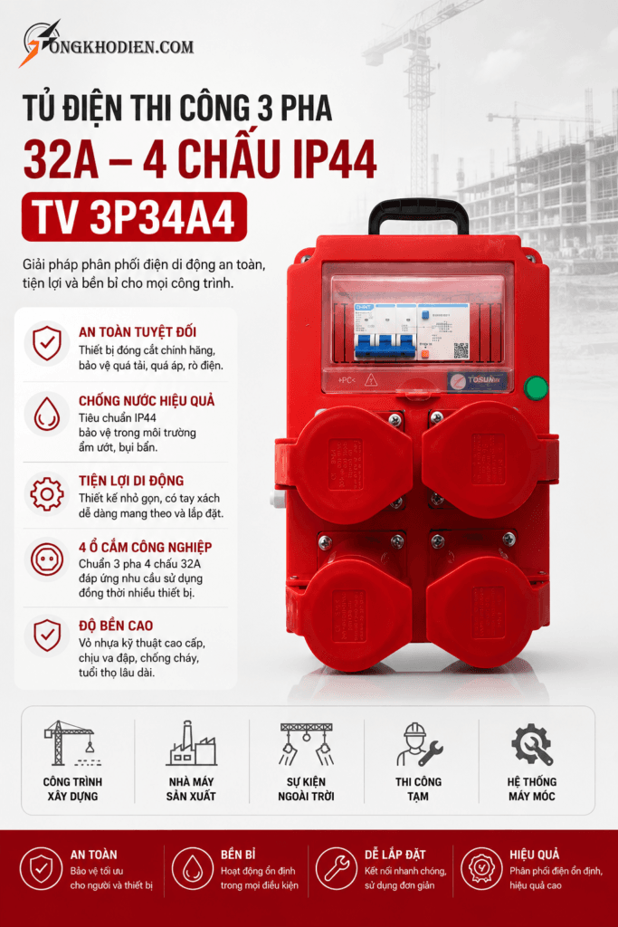 Tủ Điện Thi Công 3 Pha 32A 4 Chấu IP44 Chịu Tải Cao Cho Công Trường 6 tủ điện thi công 3 pha 32A 4 chấu IP44