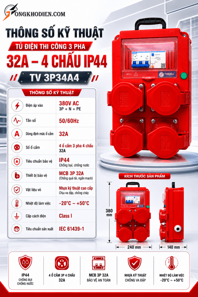 Tủ Điện Thi Công 3 Pha 32A 4 Chấu IP44 Chịu Tải Cao Cho Công Trường 5 tủ điện thi công 3 pha 32A 4 chấu IP44