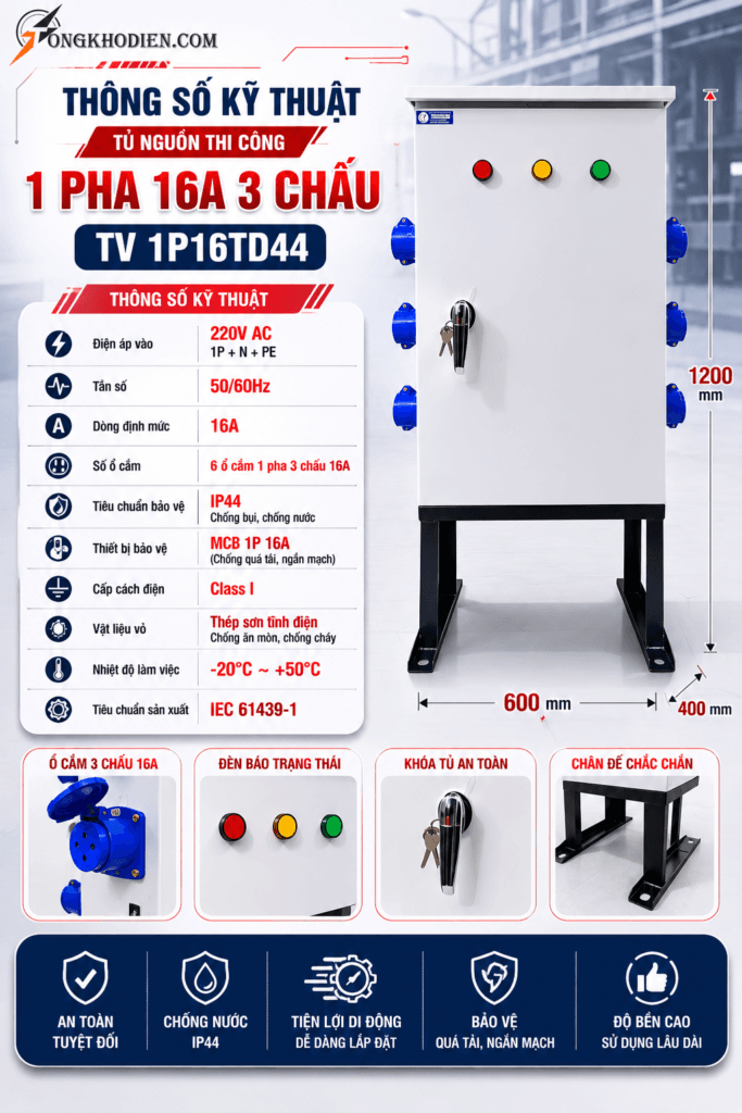 Tủ Nguồn Thi Công 1 Pha 16A 3 Chấu An Toàn Cho Điện Thi Công Tạm 8 Tủ nguồn thi công 1 pha , điện thi công tạm 16A 3 chấu