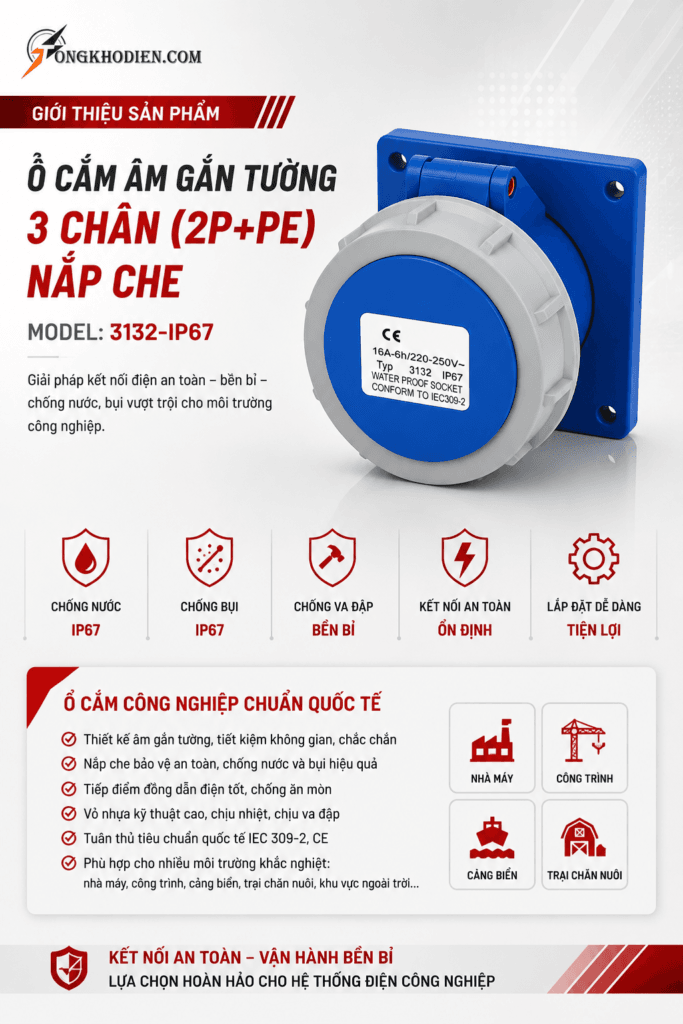 Ổ Cắm Công Nghiệp Gắn Âm 16A 1 Pha 3 Chấu IP67 Chống Nước Chính Hãng 9 ổ cắm công nghiệp gắn âm 16A 1 pha 3 chấu IP67