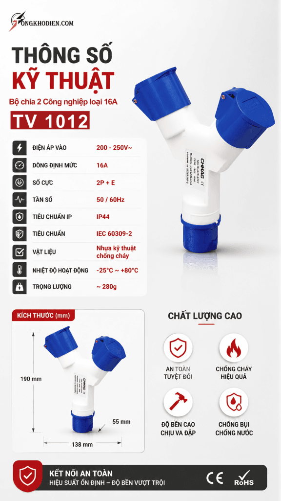Bộ Chia 2 Công Nghiệp Loại 16A 3 Chấu 220V An Toàn, Chịu Tải Tốt 9 bộ chia 2 công nghiệp loại 16A 3 chấu 220V