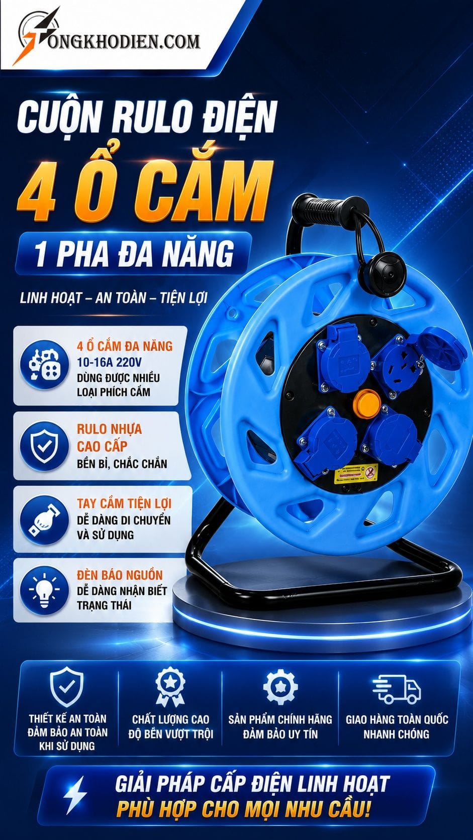 Cuộn Rulo Điện 4 Ổ Cắm 1 Pha Đa Năng 6 Cuộn rulo điện 4 ổ cắm 1 pha đa năng