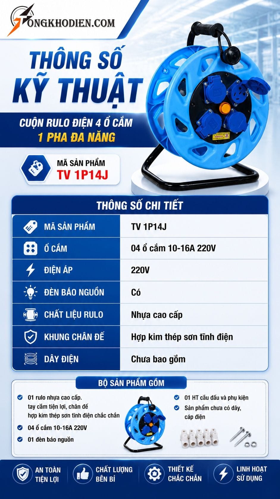 Cuộn Rulo Điện 4 Ổ Cắm 1 Pha Đa Năng 7 Thông số kỹ thuật cuộn rulo điện 4 ổ cắm 1 pha đa năng