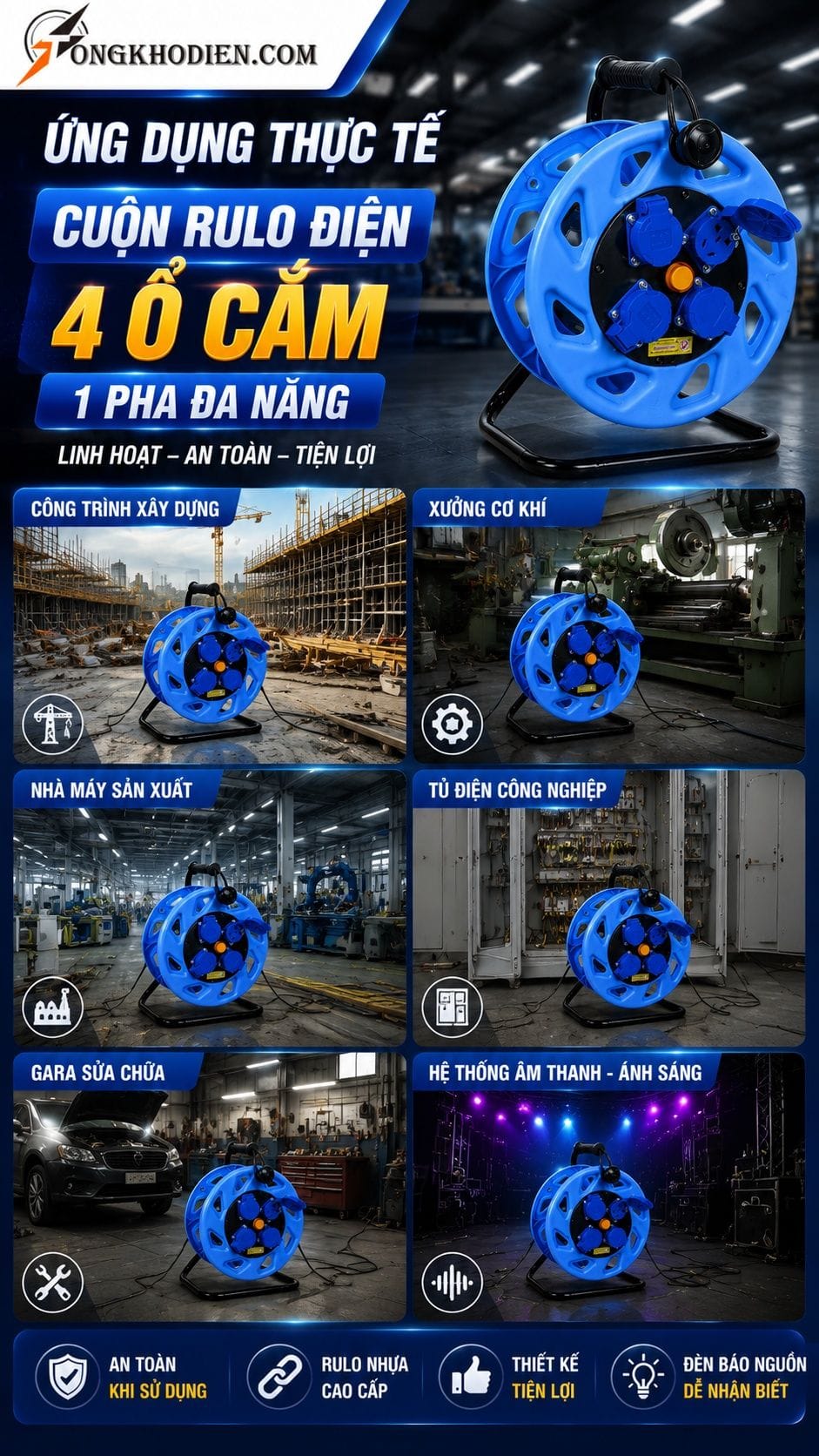 Cuộn Rulo Điện 4 Ổ Cắm 1 Pha Đa Năng 8 Ứng dụng thực tế cuộn rulo điện 4 ổ cắm 1 pha đa năng
