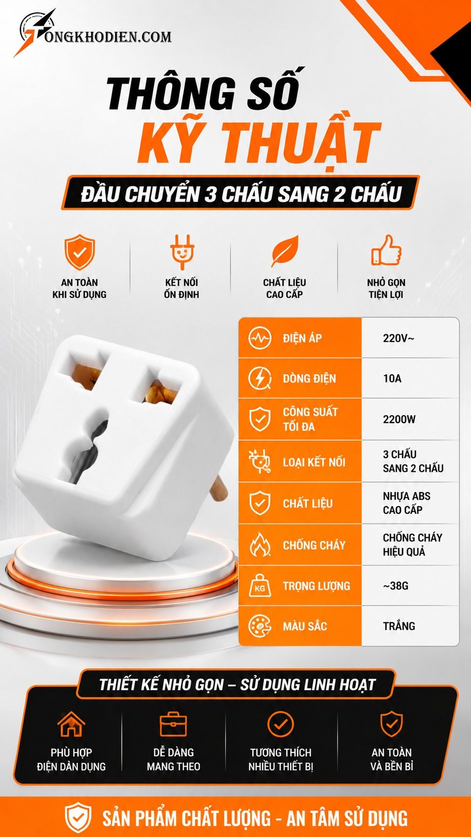 Đầu Chuyển 3 Chấu Sang 2 Chấu Tiện Lợi 7 Thông số kỹ thuật đầu chuyển 3 chấu sang 2 chấu