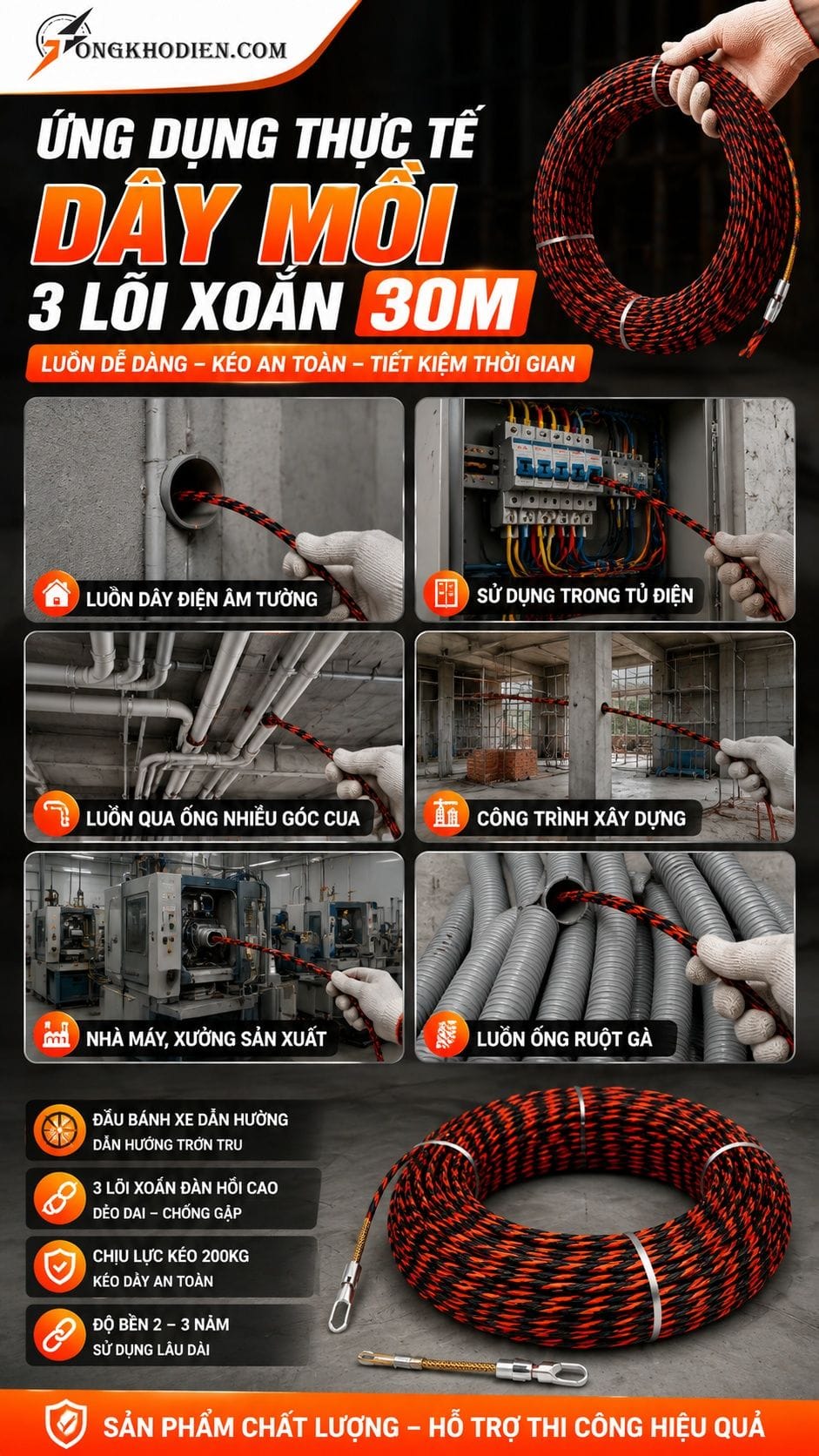 Dây Mồi Luồn Ống Điện 3 Lõi Xoắn 30m 8 Ứng dụng thực tế dây mồi luồn ống điện 3 lõi xoắn 30m