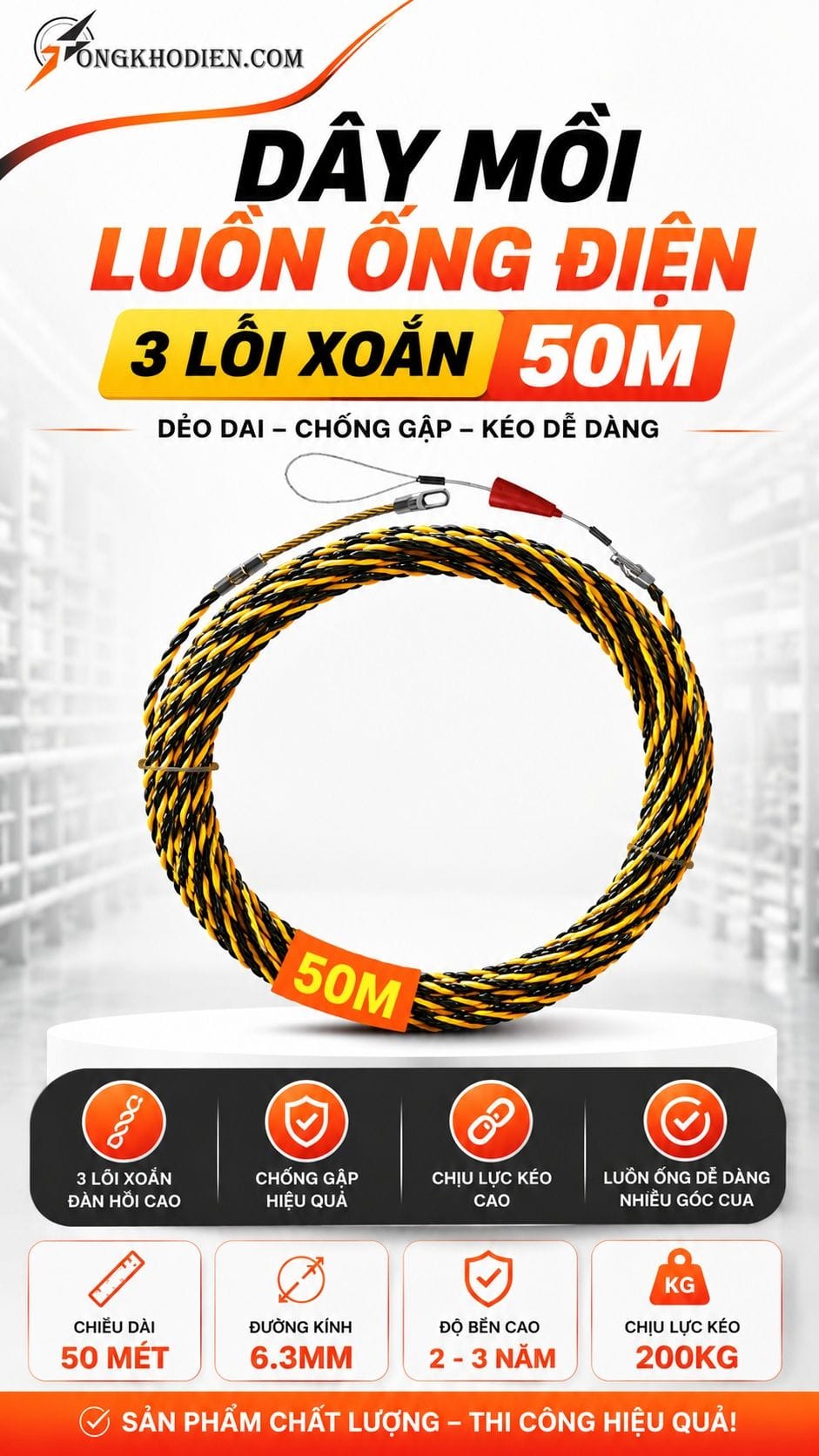 Dây mồi luồn ống điện 3 lõi xoắn 50 mét dẻo bền dễ luồn
