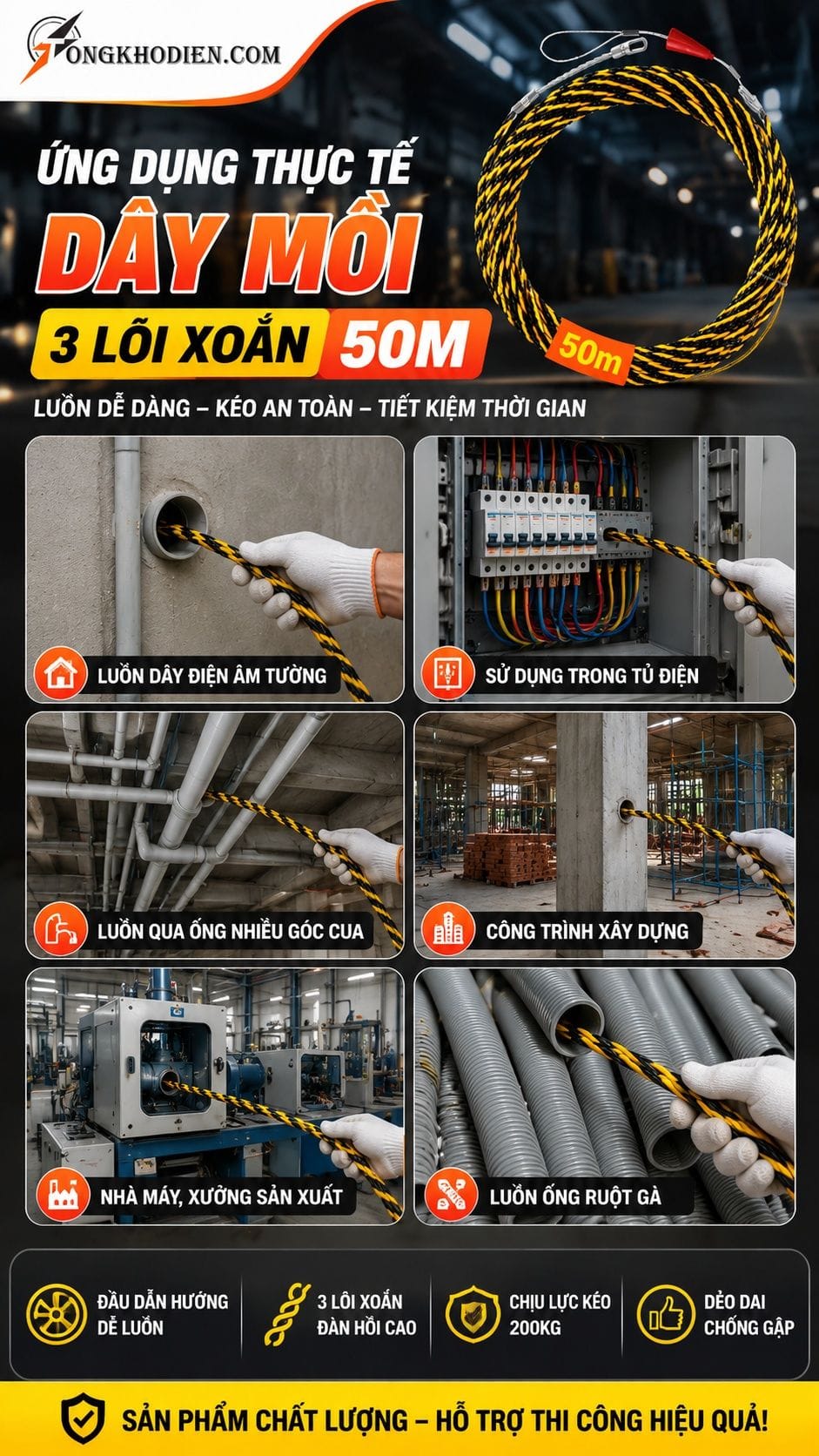 Ứng dụng thực tế dây mồi luồn ống điện 3 lõi xoắn 50 mét