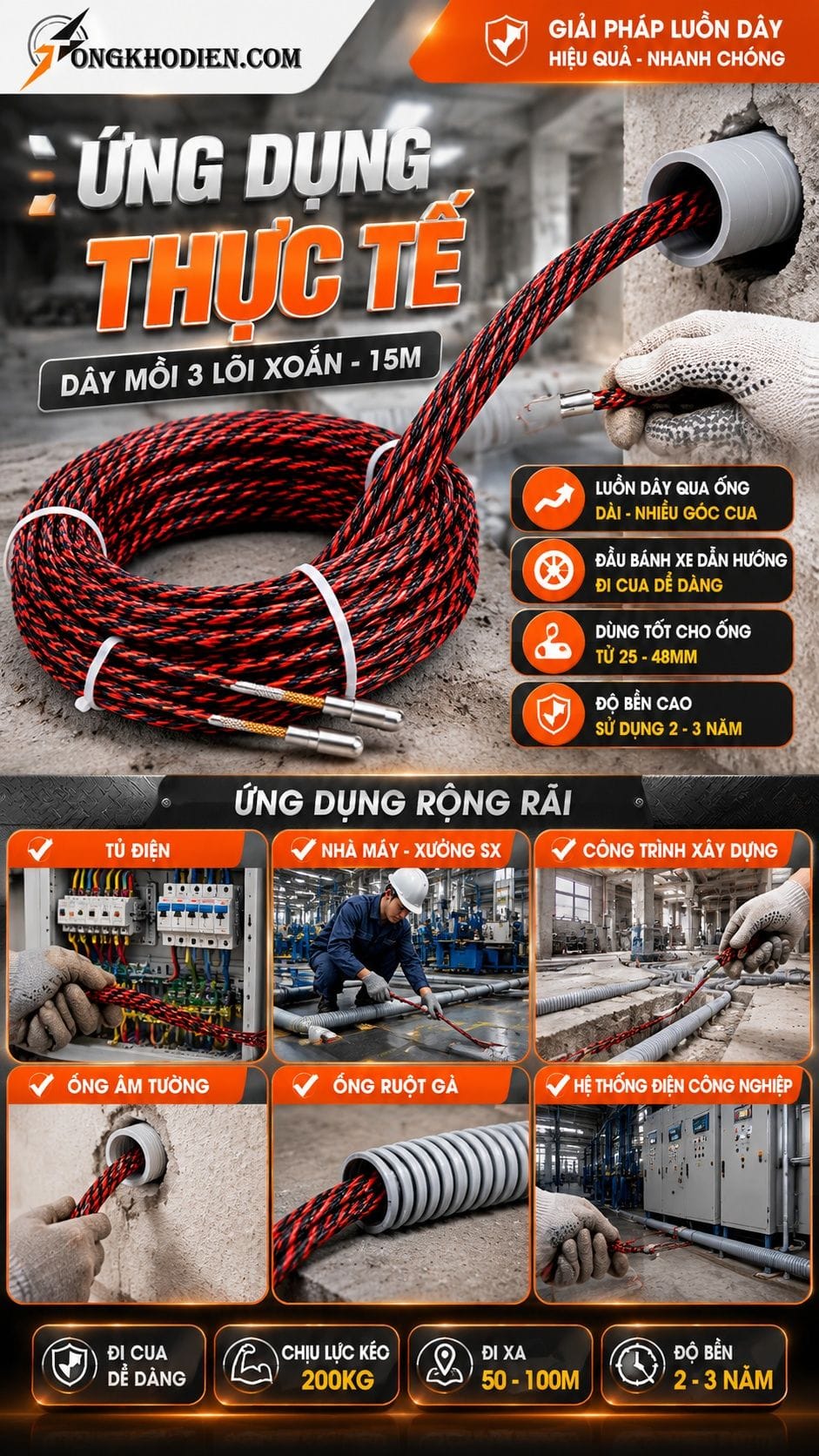 Dây Mồi Luồn Dây Điện 15 Mét 3 Lõi Xoắn 6 Ứng dụng thực tế dây mồi luồn dây điện 15 mét