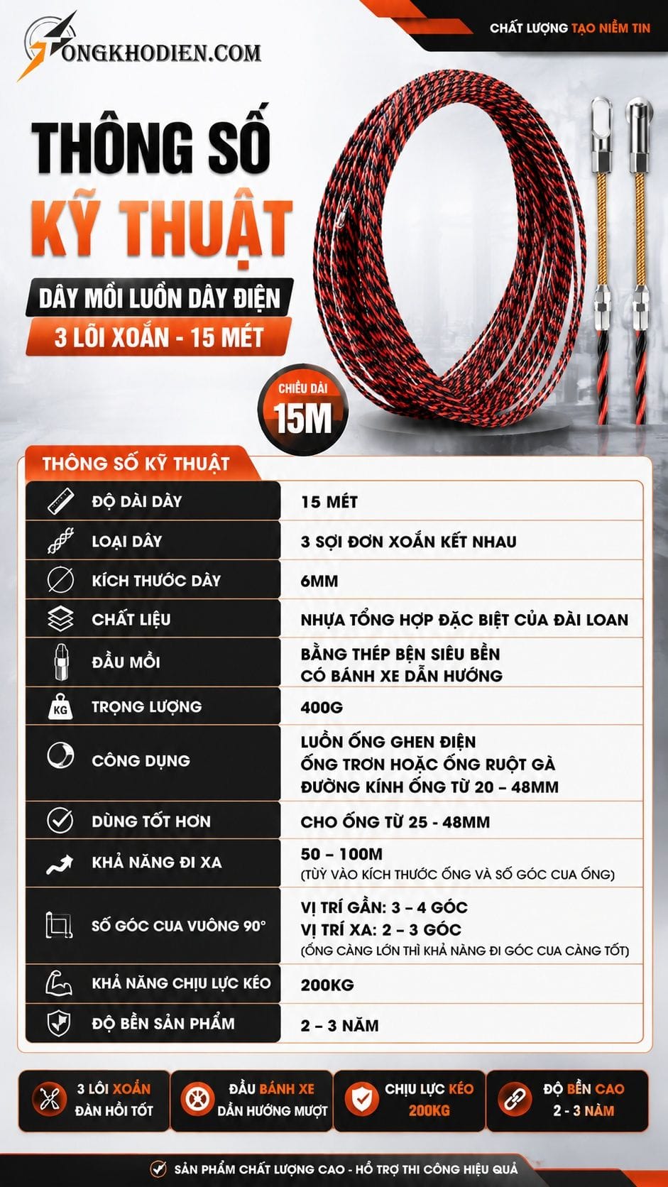 Dây Mồi Luồn Dây Điện 15 Mét 3 Lõi Xoắn 5 Thông số kỹ thuật dây mồi luồn dây điện 15 mét