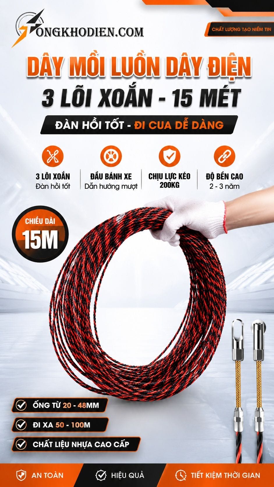 Dây Mồi Luồn Dây Điện 15 Mét 3 Lõi Xoắn 4 Dây mồi luồn dây điện 15 mét 3 lõi xoắn đàn hồi tốt