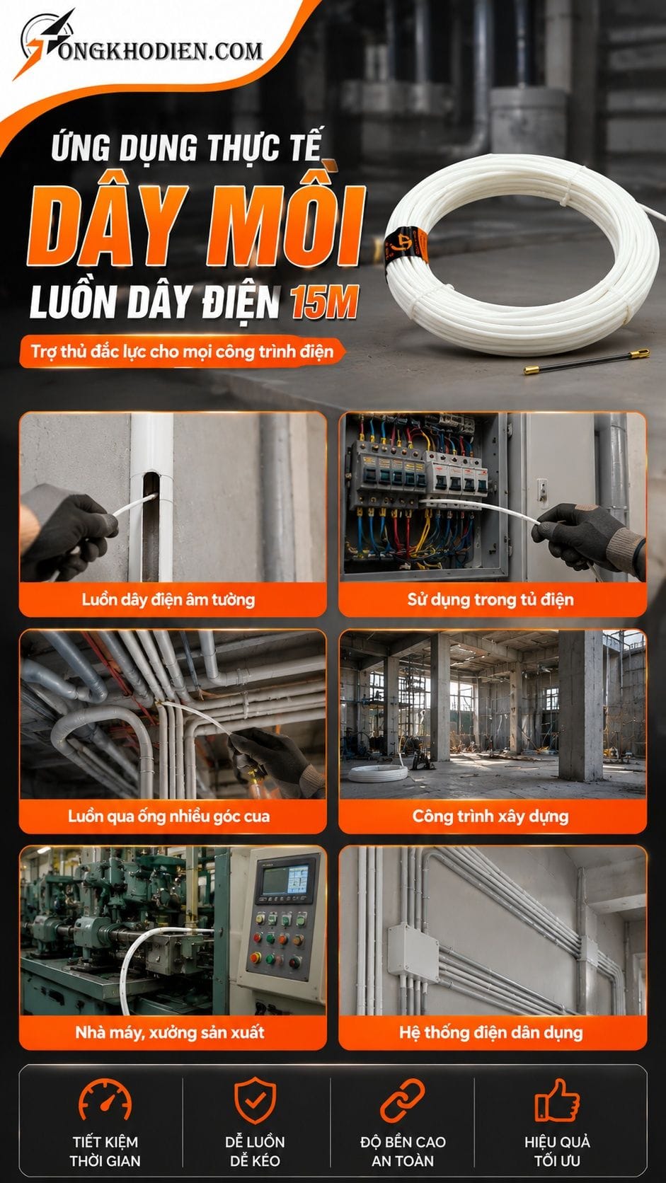 Dây Mồi Luồn Dây Điện 15 Mét Dẻo Bền Dễ Luồn 8 Ứng dụng thực tế dây mồi luồn dây điện 15 mét